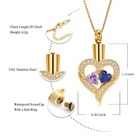 Oinsi Heart Urn Necklace for Ashes Cremation Jewerly, Double Heart Birthstone Crystal Pendant Necklace for Women Memorial Jewelry Ashes Keepsake Lockets Holder