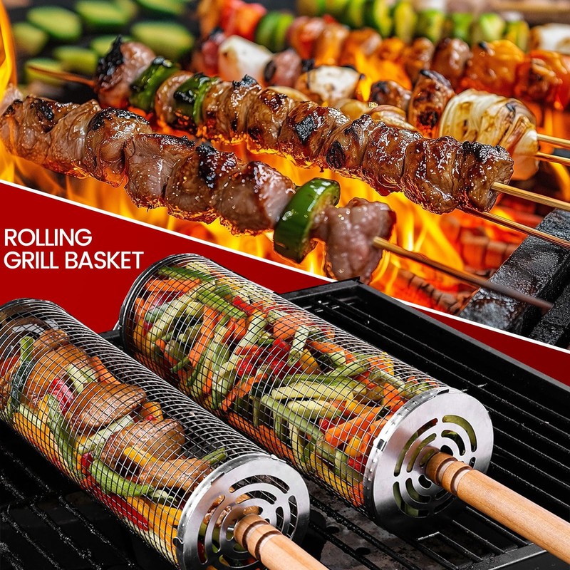 Rolling BBQ Grill Baskets, 2 Pieces, with Wooden Handle, Forks