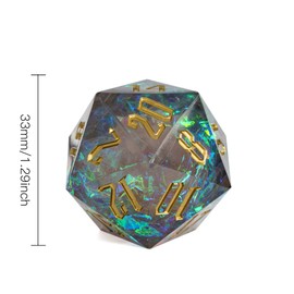 Cusdie 33MM D20 DND Dice with Sharp Edges and Glitter Foil Inclusions, Single 20 Sided D&D Dice, Handcrafted Polyhedral Dice, for Role Playing Game Dungeons and Dragons Gift(Gray)