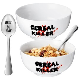 Gerrii 2 Sets Cereal Killer Bowl and Spoon Set 20 oz Cereal Bowl Salad Bowls Cereal Killer Spoon Engraved Spoon Funny Gift for Kitchen Cereal Soup Rice Pasta Salad Oatmeal Cereal Lovers