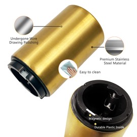 Daily Treasures Automatic Beer Bottle Opener,Magnetic Bottle Openers with Wooden Box,Push Down Bottle Opener, Soda Destapador No Damage to Caps,Stainless Steel Cap Catcher for Bars Man's Gifts (Gold)