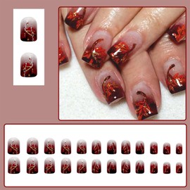 24Pcs Fall Maple Leaf Press on Nails Short Square Fake Nails Thanksgiving Maple Leaf False Nails with Gold Glitter Red Brown French Tips Design Autumn Artificial Nails Glossy Glue on Nails for Women