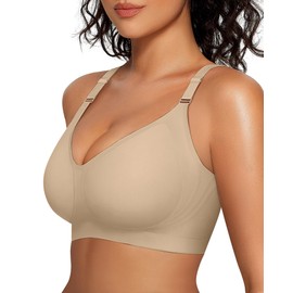 OEAK Womens Comfortable Bras Wireless V Neck Bra Full Coverage Bralettes Seamless Tshirts Bras Push Up Bras with Extender, Oatmeal, 3X-Large