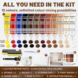 Endhokn Leather Repair Kit, 12 Colors Leather Repair Kit for Couches, Furniture, Car Seats, Sofa, Jacket, Vinyl Restore Kit Fix Scratches Cuts Rips Holes Tears Cracks Color Matchable and Easy to Use