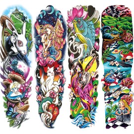 Briyhose Vibrant Color Temporary Tattoos Sleeve For Kid Girl, Full Arm Realistic Rabbit Horse Fake Sleeve Tattoo Stickers For Women Kid, Large Flower Fish Temp Tatoo Leg Party Favors Body Art, 4-Sheet