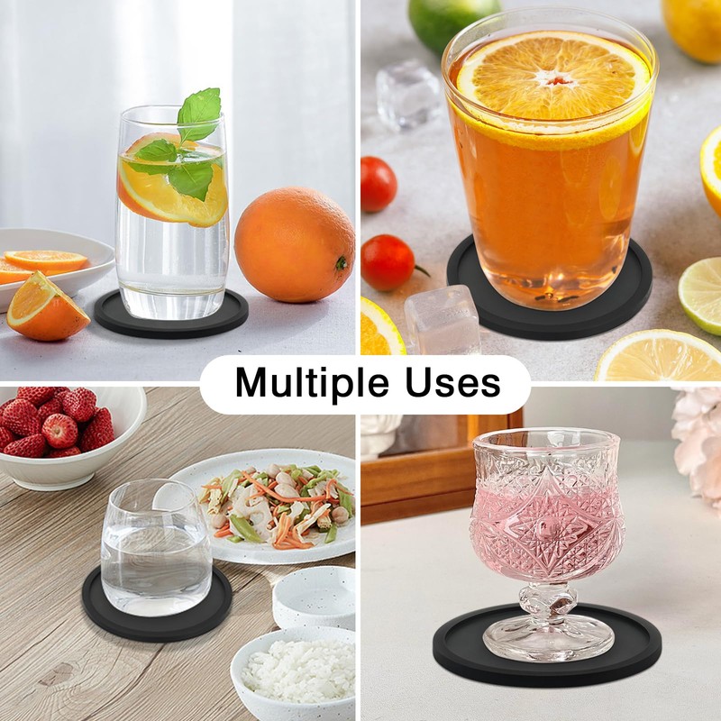 2 Pack Silicone Coasters for Drinks, Round Black Coasters with