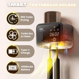 Multi-Function Electric Toothbrush Holder, 3 Clean Modes Smart Toothbrush Dryer with Clock Timer, 1 Cup & 2 Brush Slots, Wall-Mounted Toothbrush Cleaner for Home Bathroom (White)