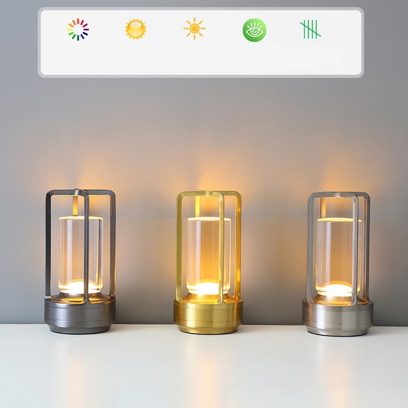Cordless Table Lamp, LED Touch Metal Bedside Lamp, 3-Colour Infinitely