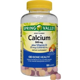 Spring Valley Calcium 500 mg Plus Vitamin D 25 mcg Bone Health Dietary Supplement Gummies, 100 Count + DRI Store Sticker.