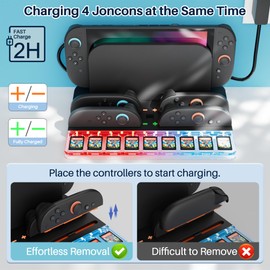 Charging Station for Nintendos Switch 2 Charging Dock with Ambient Light, HD Tempered Film, 4-Controller Charging Station, Host Storage & 9-Game Card Holder, Overcharge Protection & Smart RGB Lighting