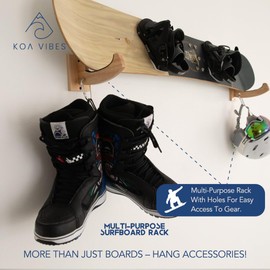 Koa Vibes - Wood Surfboard Wall Mount and Snowboard Mount - Versatile Heavy Duty Surfboard Holder, Wakeboard Mount, Longboard Skateboard Rack - Extra Hole to Hang Accessories