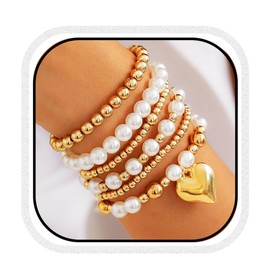 GORTIN Gold Bracelets for Women Bead Ball Stackable Bracelet Set Plated Strand Bracelets Jewelry Accessories, Free size, Plastic, no gemstone