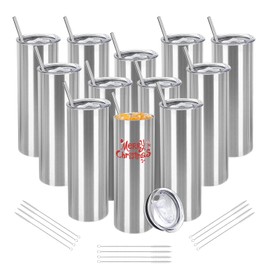YOUKE OLA 12 Pack Stainless Steel Skinny Tumblers, 20oz Bulk Straight Double Wall Insulated Tumbler with Lid and Straw for Travel, DIY, Silver