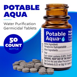 Potable Aqua Water Purification Treatment - Portable Drinking Water Treatment for Camping, Emergency Preparedness, Hurricanes, Storms, Survival, and Travel (50 Tablets), Black, single pack