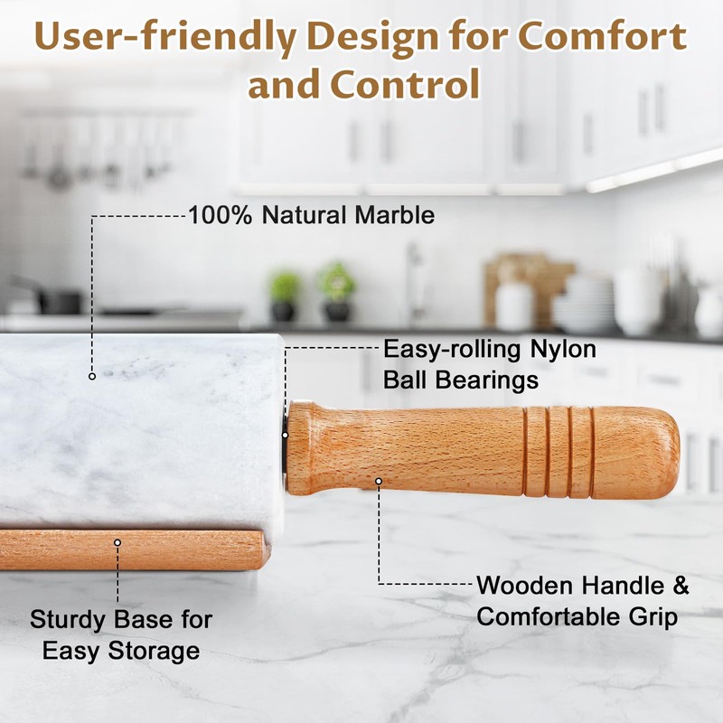 Gymdin 18.9-inch Marble Rolling Pin with Wooden Handles & Base