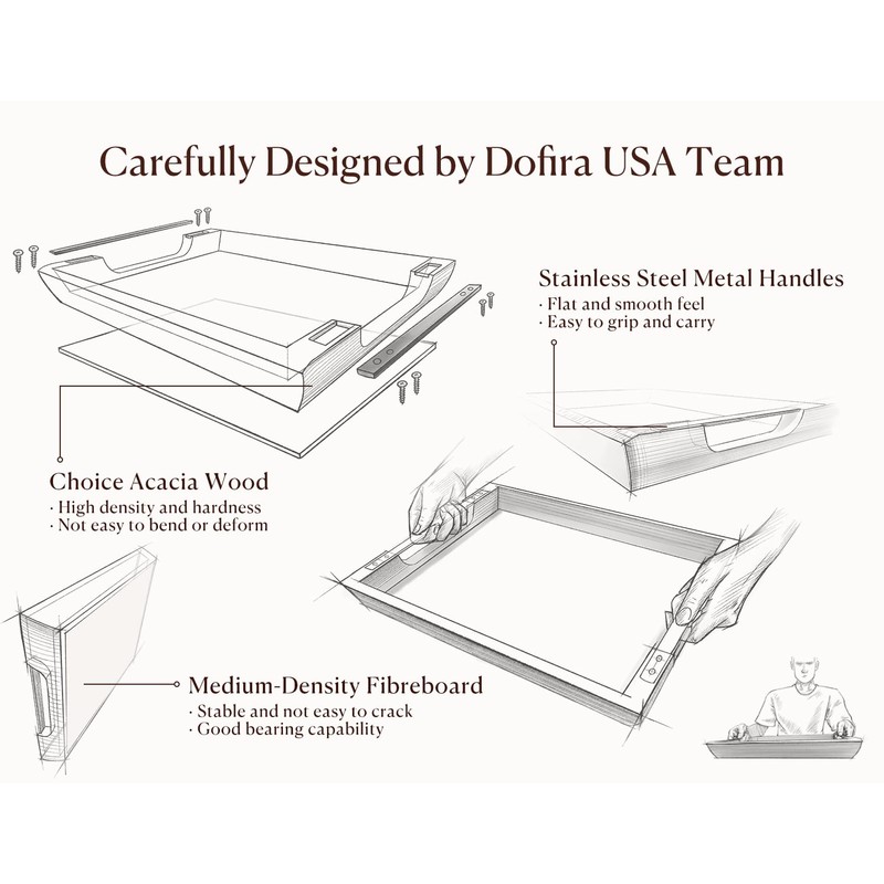 Dofira Acacia Wood Serving Tray with Metal Handles, 17x13in Food