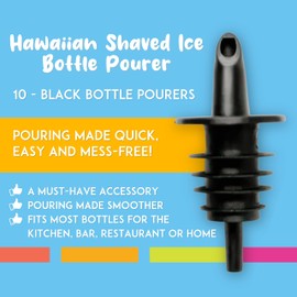 Hawaiian Shaved Ice 10 pack Free Flow Pourers, for Snowcone Syrup, Plastic Bottle Spout for Mixed Drinks, Snow Cone, Mochas & Latte Flavor - Black