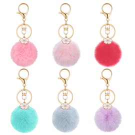 QfwdfcTrenz 6PCS Animal Pom Pom Keychain, Rabbit Faux Fur Ball Keychain, Fluffy Ball Faux Rabbit Fur Pompoms Keyring, Cute Faux Fur Fluffy Fuzzy Keychain Ball for Girls Women Bag Accessories