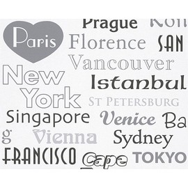 Sample for Display Purpose. Concord Wallcoverings Plain Modern Textured Wallpaper Featuring City Names of Different Countries , Cream Silver Grey7" X 10"; 304671