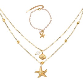 1 Pcs Shell Starfish Necklace and 1 Pcs Bracelet Adjustable Charm Jewelry Set for Women Seashells Beach Accessories Necklace Stack Pearl Chain Stainless Steel