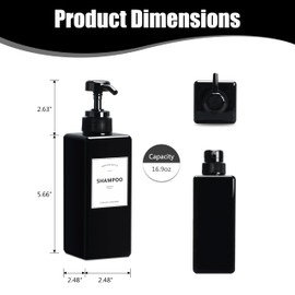 YUEYANG Black Shampoo and Conditioner Bottles, 16.9OZ Pack of 3 Empty Shower Bottles Rerefillable with Labels, Black Shower Dispenser with Pump