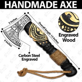 SIZZCO Custom Gift Black Forged Carbon Steel Viking Style Axe Bearded Axe with Rose Wood Shaft Tomahawk - Real Hatchet, Best Gift for Anniversary, Birthday, Premium Leather Sheath