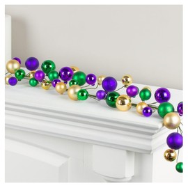 Mardi Gras Decoration: Shiny Purple, Green, and Gold Ball Ornament Garland - Festive Decor for Fat Tuesday and Carnival Parties (58 Inches Long)