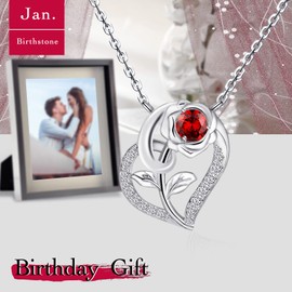 Qings January Garnet Birthstone Necklace for Women 925 Sterling Silver Rose Flower Heart Pendant Necklaces with Cubic Zirconia Valentines Day Birthstones Jewellery Gifts for Wife Girlfriend Her