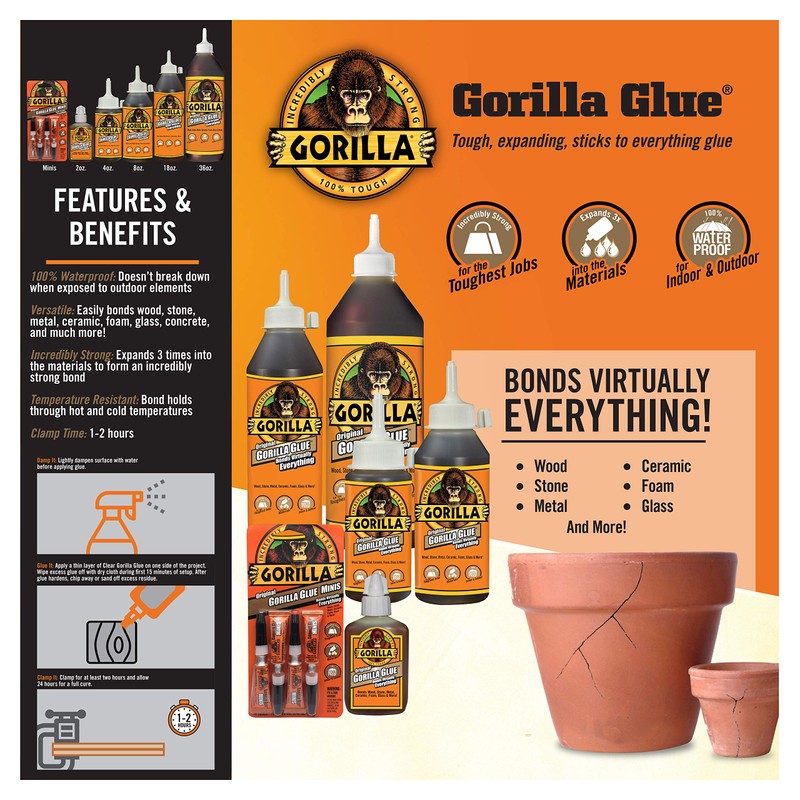 Gorilla Original Gorilla Glue, Waterproof Polyurethane Glue, 2 Ounce Bottle,