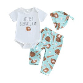 Karesoull Newborn Baby Boy Farm Outfits Letter Print Romper + Pants + Hat 3PCS Cute Infant Boy's Clothes Set (Light Blue little baseball fan, 3-6 Months)