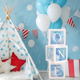 1st Birthday Decorations for Boys, 3 White Boxes with 3 Letters (ONE) and 20 Blue Balloons, ONE Box for Background for 1st Birthday Baby Shower Decoration First Birthday Party Decoration