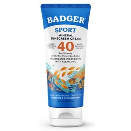 Badger Sport Mineral Sunscreen, Reef Safe, SPF 40, 98% Organic with Zinc Oxide, Water Resistant, Hawaii Reef Act 104 Compliant, Unscented & Hypoallergenic, For Sports & Adventures, 2.9 fl oz