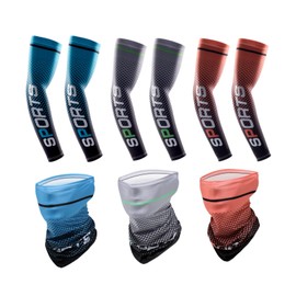 SUKOUSRAM Outdoor Essentials UV Sun Protection Compression Arm Sleeves Balaclava Face Mask,Cooling Athletic Sports Sleeve for Men Women for Football Golf Cycling Basketball,Gradient Red/Grey/Blue