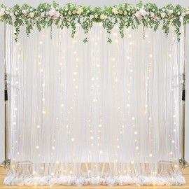 Tulle Backdrop Curtain with Lights: 2 Pcs 5×10ft White Sheer Fabric Background - Wedding Party Birthday Photo Decor