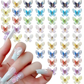 Tyuimhx 50 Pcs Butterfly Nail Charms 3D Colorful Clear Butterfly Nail Art Charms for Acrylic Nails Resin Nail Art Decorations Shine Butterflies Nail Supplies for Women DIY Nail Craft Accessories