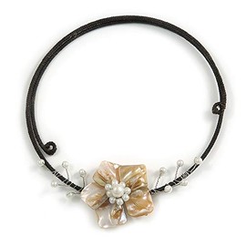 Avalaya Antique White Shell Flower On Flex Wire Choker Necklace - Adjustable