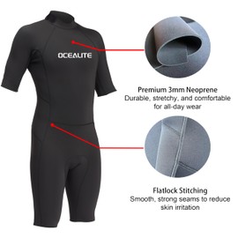 Ocealite Men's 3mm Shorty Wetsuit Neoprene Back Zip Diving Suit Flatlock Stitch Lightweight Surfing Snorkeling Paddleboarding Swim Suit with Lycra Trim Key Pocket (Mens 3mm Black, X-Large)