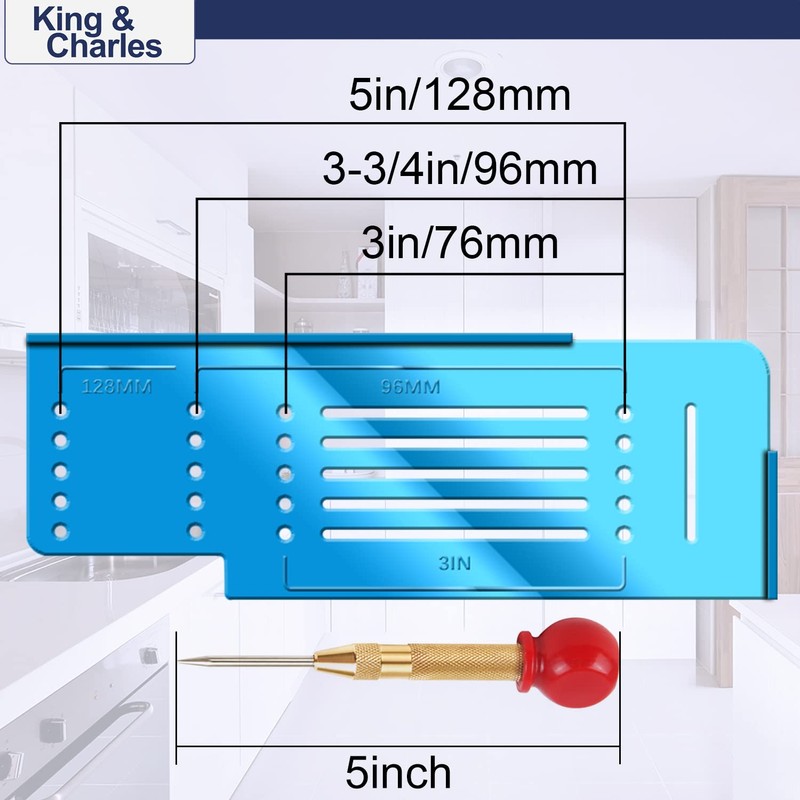 King&Charles Cabinet Hardware Template with Center Punch, Cabinet Handle Template