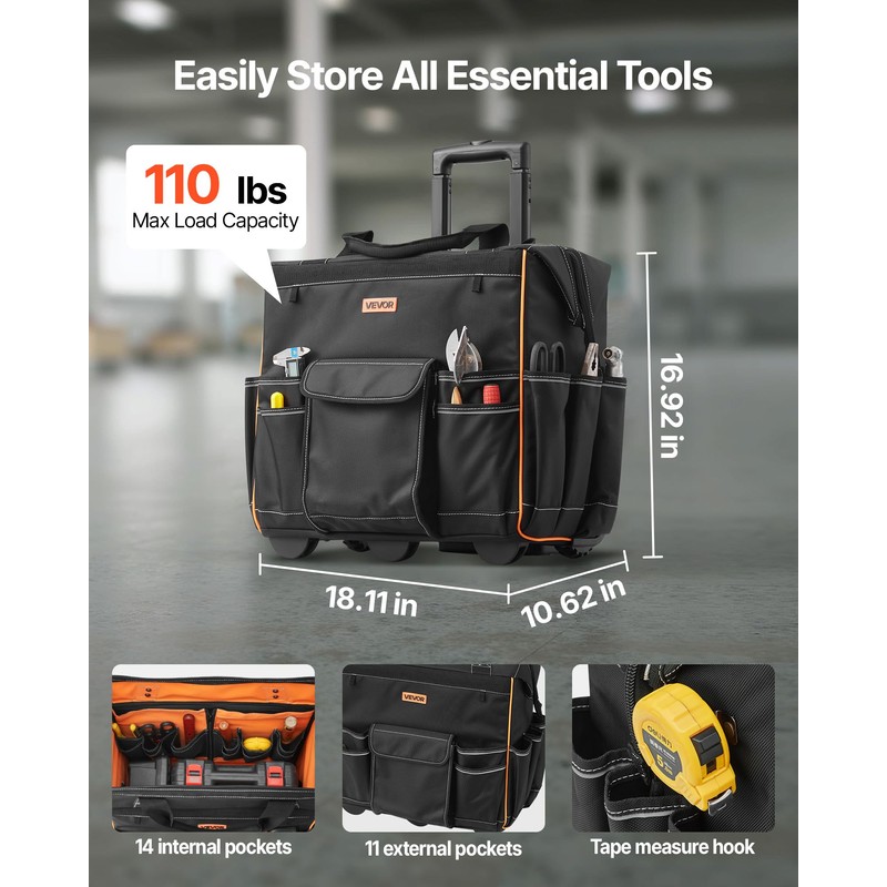 VEVOR 18" Rolling Tool Bag, 110lbs Load Capacity, 25Pockets Heavy