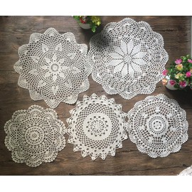 MINDPLUS Set of 5 Hand Crocheted Doilies Cotton Crochet Lace Doilies Coasters Placemat 30-40 cm Round Beige Vintage Wedding Tea Party (Beige)