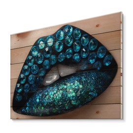 DesignQ Female Lips With Black Lipstick Blue Diamonds Modern & Contemporary Wood Wall Decor, Blue Wood Wall Art, Large People Wood Wall Panels Printed On Natural Pine Wood Art