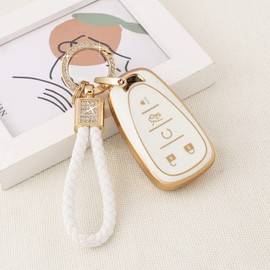 PIFOOG Key Fob Case for Chevy TPU 5 Button Keys Cover Shell Glittering Car Keychain for Malibu Equinox Trax Camaro Blazer Traverse Trailblazer Spark Girly Cute White Gold
