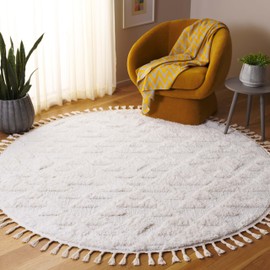 Safavieh Moroccan Tassel Shag Collection Area Rug - 3' Round, Ivory, Geometric Design, Plush 1.5 Inch Thick Ideal for High Traffic Areas in Living Room, Bedroom, Dining (MTS688C)