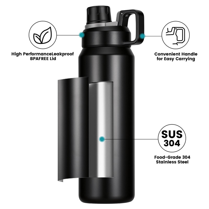 MUCR 30oz Insulated Water Bottle, 900ml Stainless Steel Vacuum Bottle