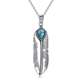 KQF Feather Necklace for Women Sterling Sliver Turquoise Retro Vintage Bohemian Pendant Turquoise Jewelry Gifts for Men