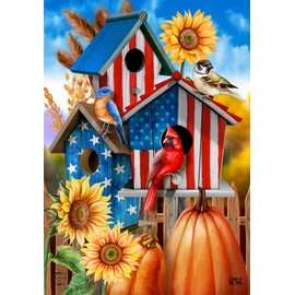 Briarwood Lane American Fall Birdhouses House Flag Patriotic Autumn Floral 28" x 40"