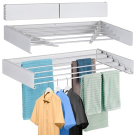 FOCHIER F Laundry Drying Rack Wall Mounted Clothes Drying Rack Collapsible with 5 Aluminum Rods and Drilling Template Long Screwdriver Bit 60 lbs Capacity (White, 31.5")