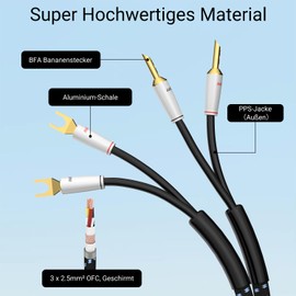 Tertullus 1 Pair of High-End Loudspeaker Cables OFC Silver-Plated with Banana Plug HiFi Speaker Cable for Home Cinema, Amplifier, Speaker, HiFi System (Banana Plug to Cable Lugs 3 m)