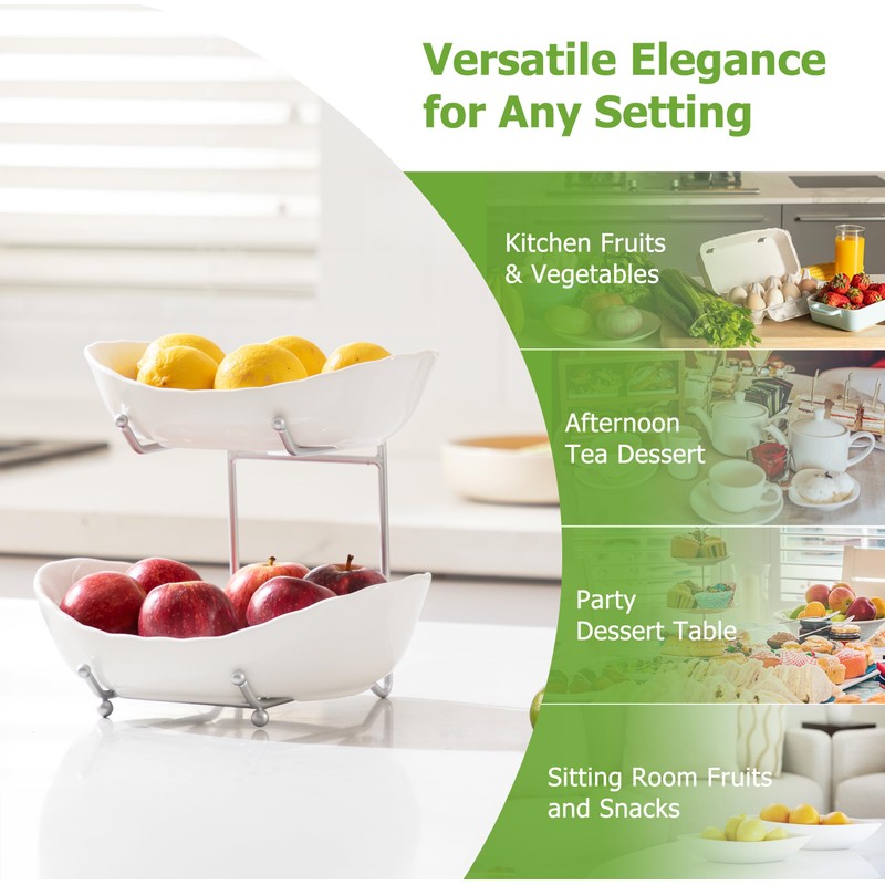 HBlife Fruit Bowl for Kitchen Counter - 2 Tier Ceramic