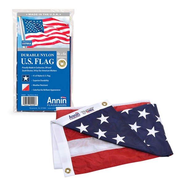 Annin Flagmakers Model 2220 American Flag Nylon SolarGuard NYL-Glo, 4x6 ft, 100% Made in USA with Sewn Stripes, Embroidered Stars and Brass Grommets
